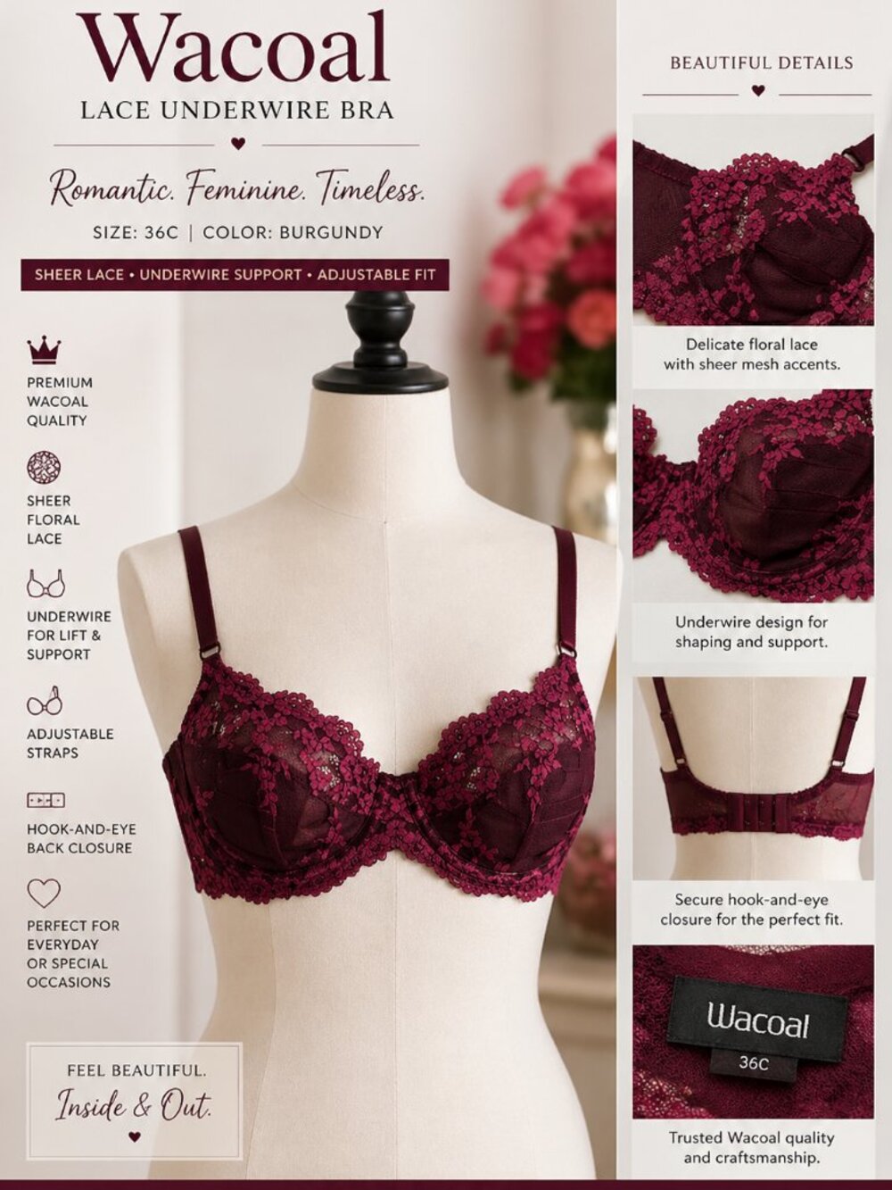 Wacoal Lace Bra 36C Burgundy Sheer Underwire Romantic Lingerie Sexy Intimates